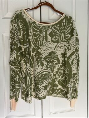 Anthropologie Olive Green and Cream Floral Knit Sweater